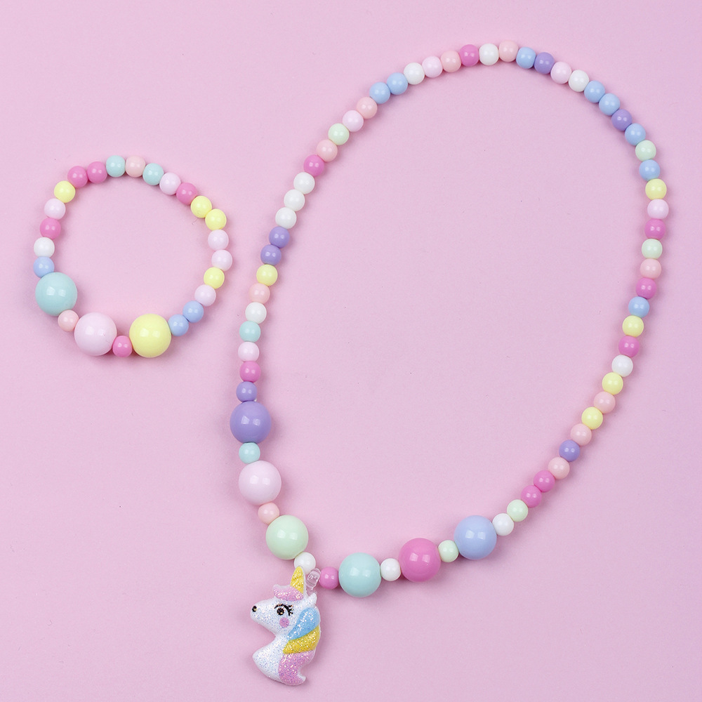 Cute Unicorn Plastic Beaded Resin Bracelets Necklace 1 Set
