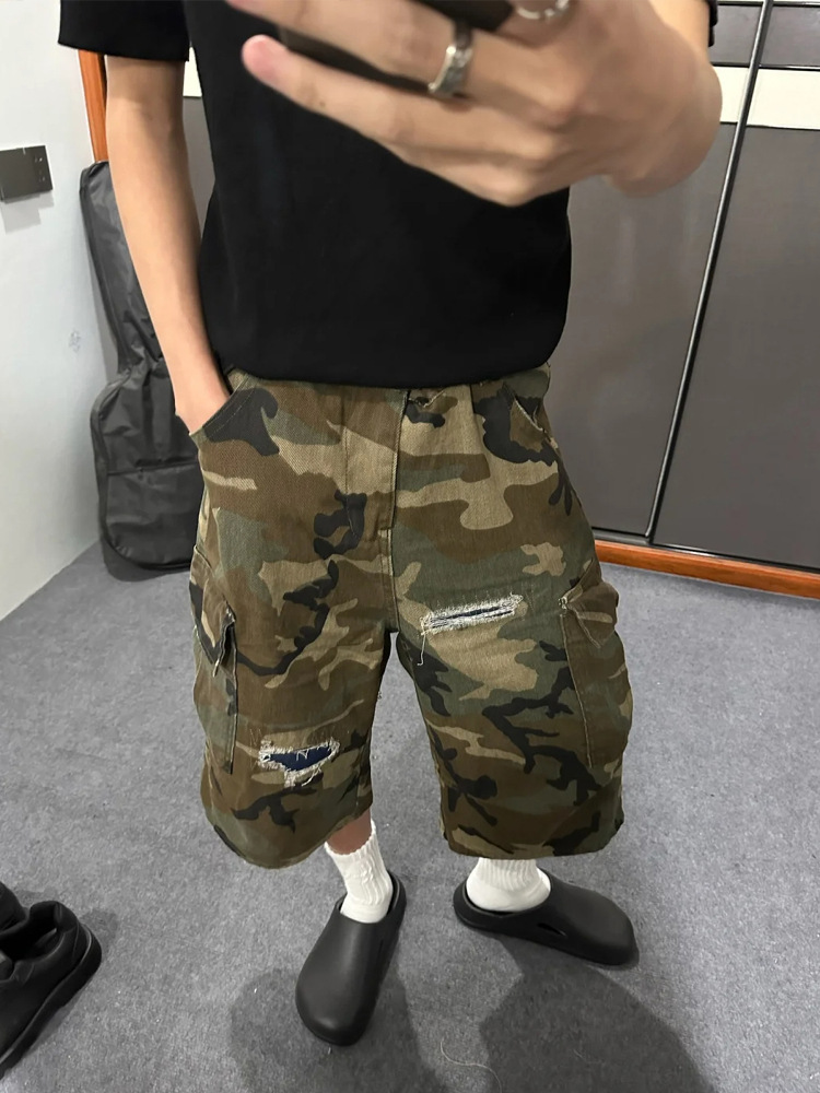 American Style Street Ripped Patch Cropped Jeans Men's and Women's Summer Niche Design Sense Loose Washed Camouflage Shorts