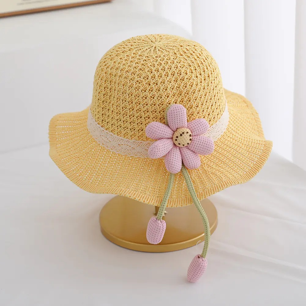 Sombrero de paja para niños, niños y niñas, sombrilla, sombrero de pescador, viento de princesa de verano, sombrero de sol, sombrero de paja de playa con lazo de flores