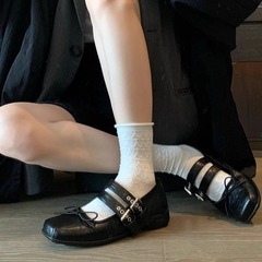 牛皮版~蝴蝶結方頭一字扣瑪麗珍鞋小皮鞋女平底單鞋淺口jk鞋子女