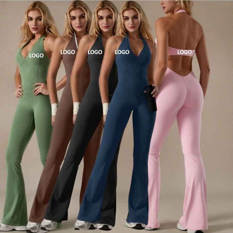 Cross-Border Popular Lace V Neck One-Piece Yoga Suit for Women, Beautiful Back, Hip Lift, Tummy Control, Halter Neck, Outdoor Jumpsuit, Bell Bottoms
