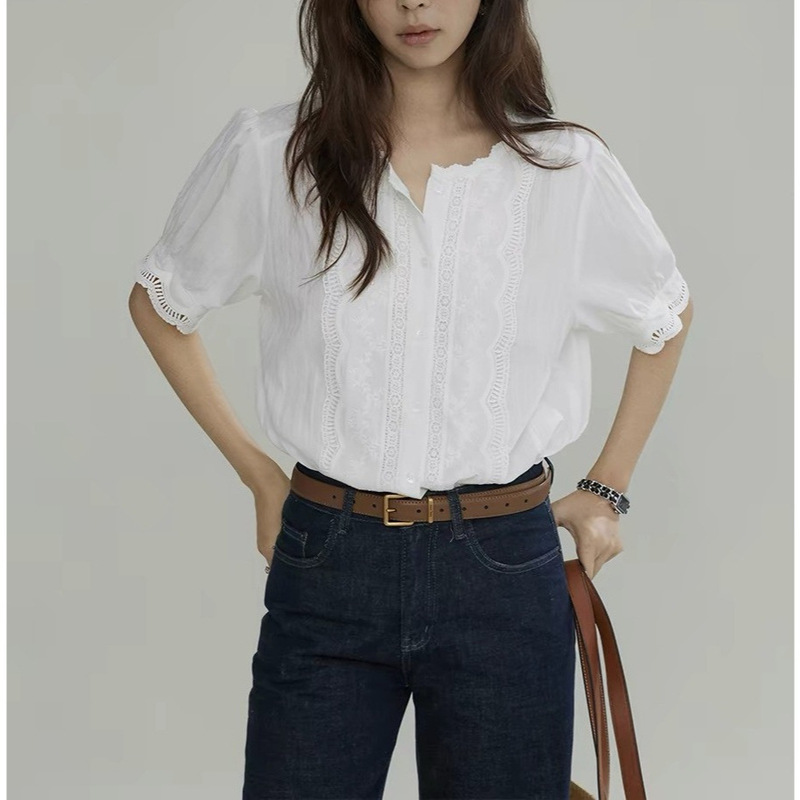 Joli Chose Round-Neck Embroidered Lace Shirt with Cut-Out Cuffs for Women, French Pastoral Style, Niche Minimalist Top Joli Chose Round-Neck Embroidered Lace Shirt with Cut-Out Cuffs for Women, French Pastoral Style, Niche Minimalist Top