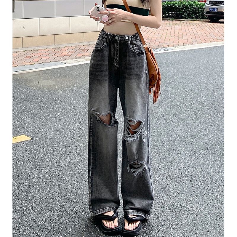 New Slimming Spring and Autumn High-Waisted Versatile Straight Ripped Jeans for Women, Loose High Street Trendy Ins Wide-Leg Pants New Slimming Spring and Autumn High-Waisted Versatile Straight Ripped Jeans for Women, Loose High Street Trendy Ins Wide-Leg Pants