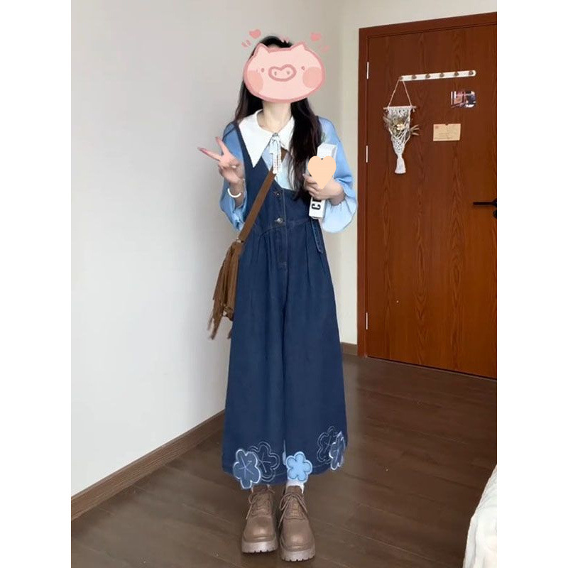 甜美贴布绣花不对称背带牛仔裤女春夏新款叠穿翻领印花衬衫两件套|undefined