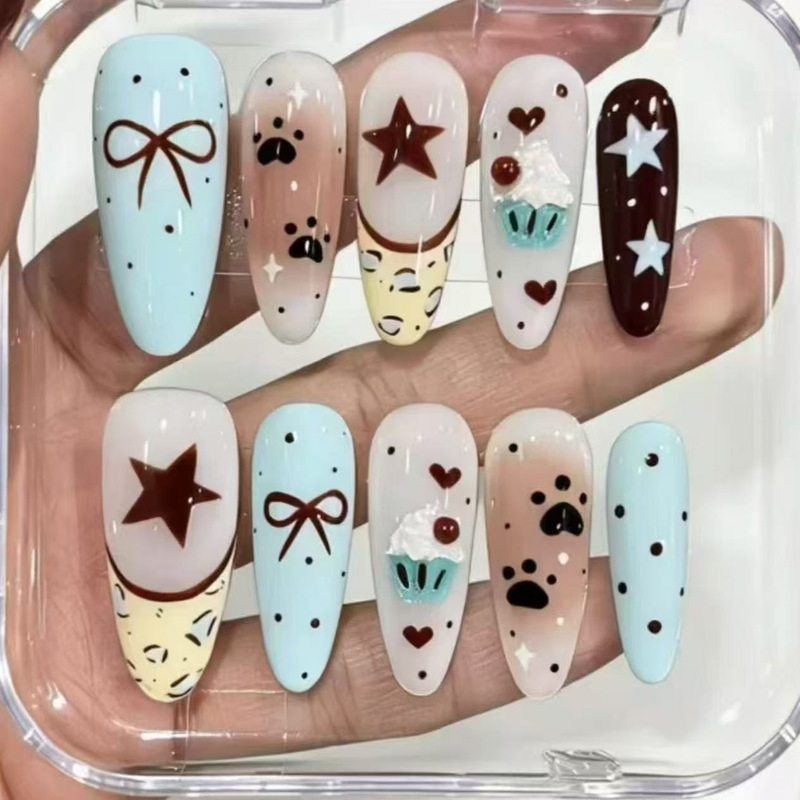 Milk Blue Plaid Bow Oreo Cake Nail Art Cute Ins-Style Medium-Length Nail Stickers Niche Gentle Style