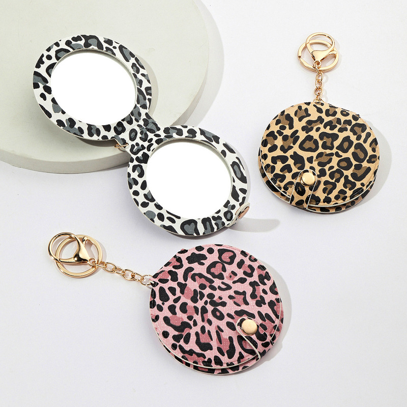 Leopard Print Cosmetic Mirror Keychain Pendant PU Leather Products Double-sided Mirror Bag Hanging Cross-mirror