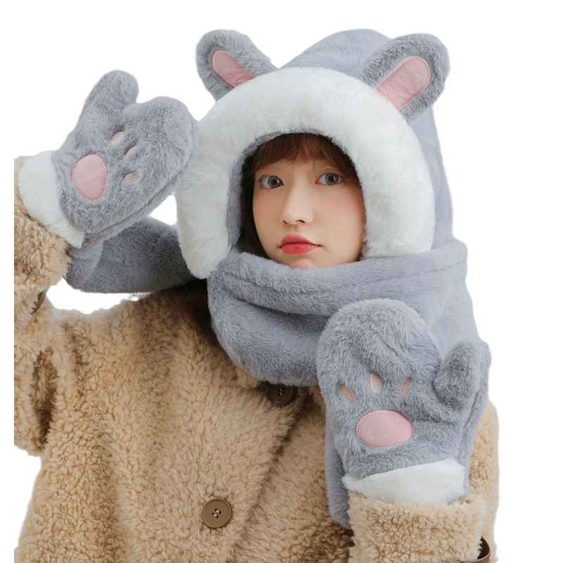 2023 new scarf hat thickened warm 3-piece set cute bear plush hat gloves