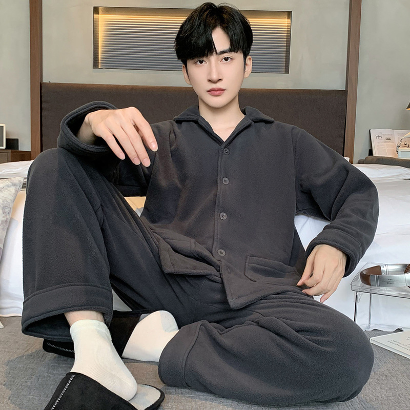 Winter Thickeneded Polar Fleece Pajamas for Men with Open Buttons, Loose Large Size Pure Color Suit, Warm and Comfortable Fleece-Lined Home Clothes