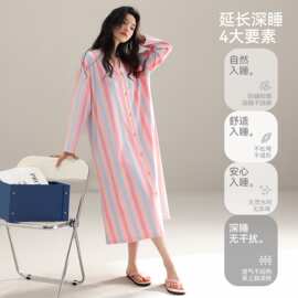春秋新款紧赛纯棉女长袖开衫V领睡裙时尚休闲长裙女家居服图片色