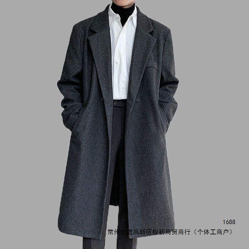 Men's casual trench coat, Korean style, loose, mid-length, over-the-knee, autumn and winter youth woolen coat
