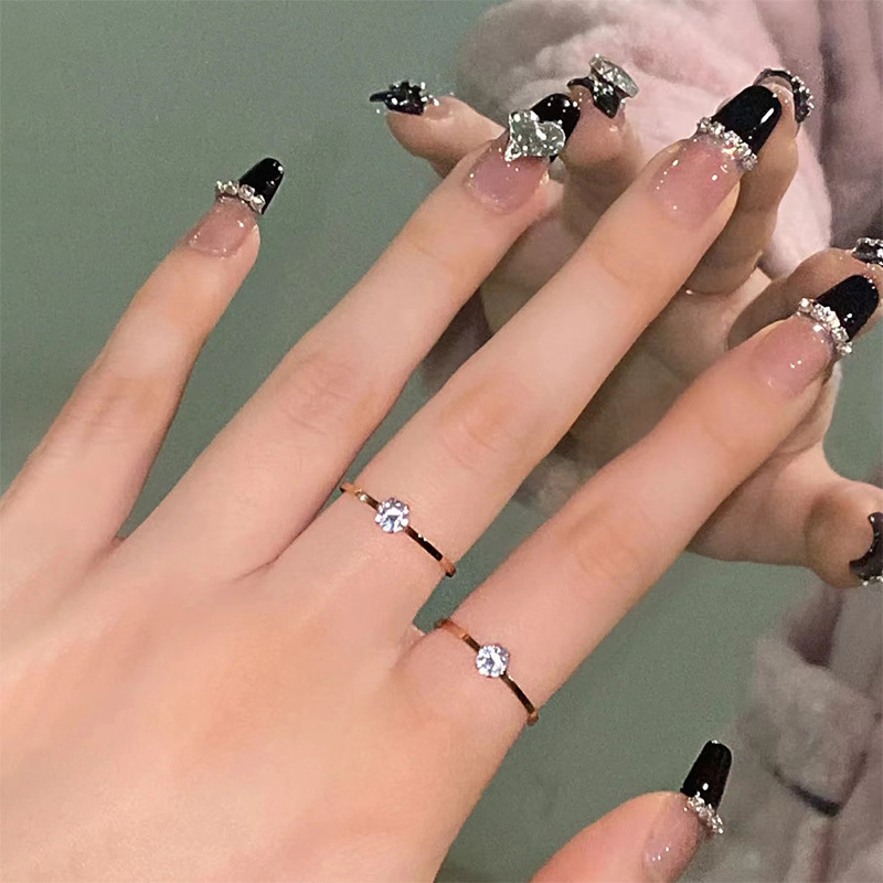 Strictly Choose Black French Long Wearing Armor Rhinestone Chain Sweet Cool Love Nail Art Removable Fake Nail Finished Products