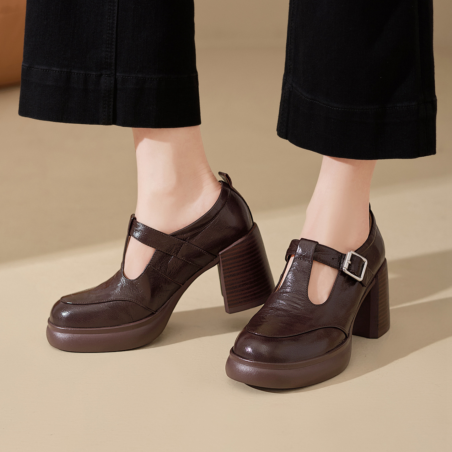 Giày Mary Jane nữ da cừu cao gót 6 cm phong cách vintage — màu nâu