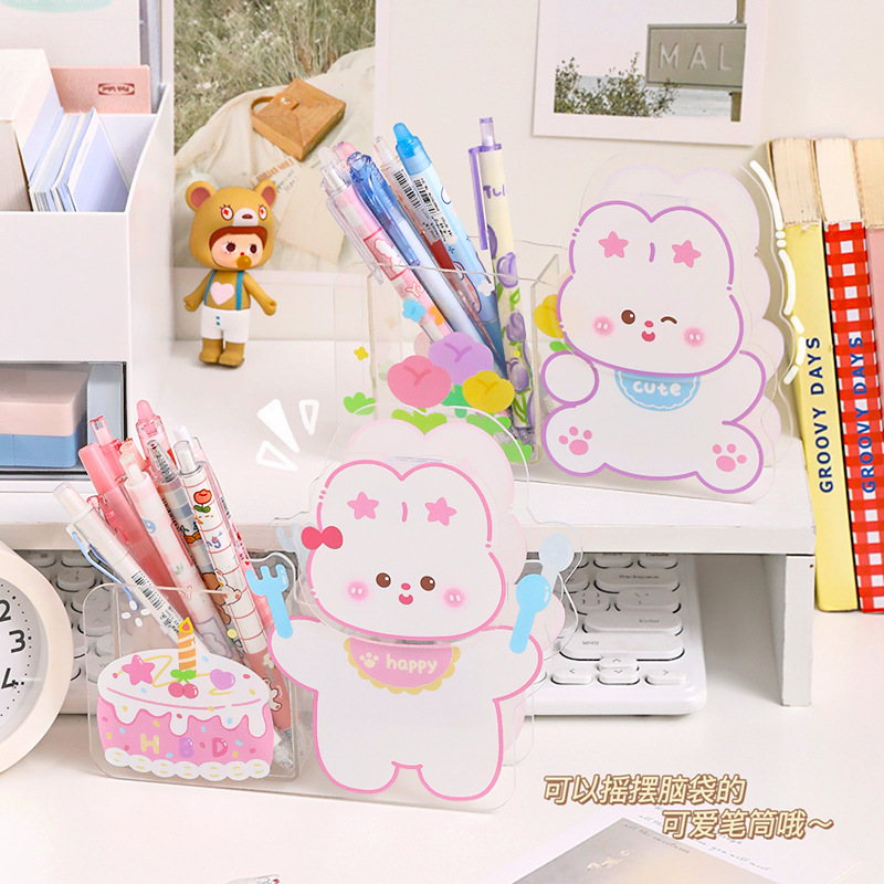 Titular de la pluma de acrílico transparente estudiante de secundaria caja de papelería de almacenamiento sacudiendo la cabeza swing caja de lápiz colgante papelería creativa al por mayor