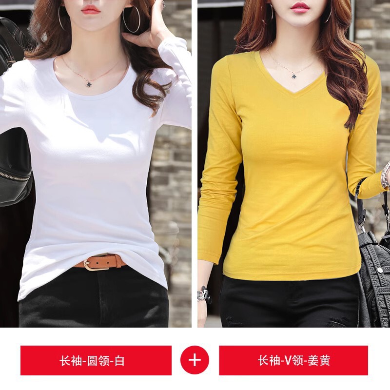 2025年新款春秋白色长袖t恤女修身加绒圆领打底衫内搭上衣服|undefined