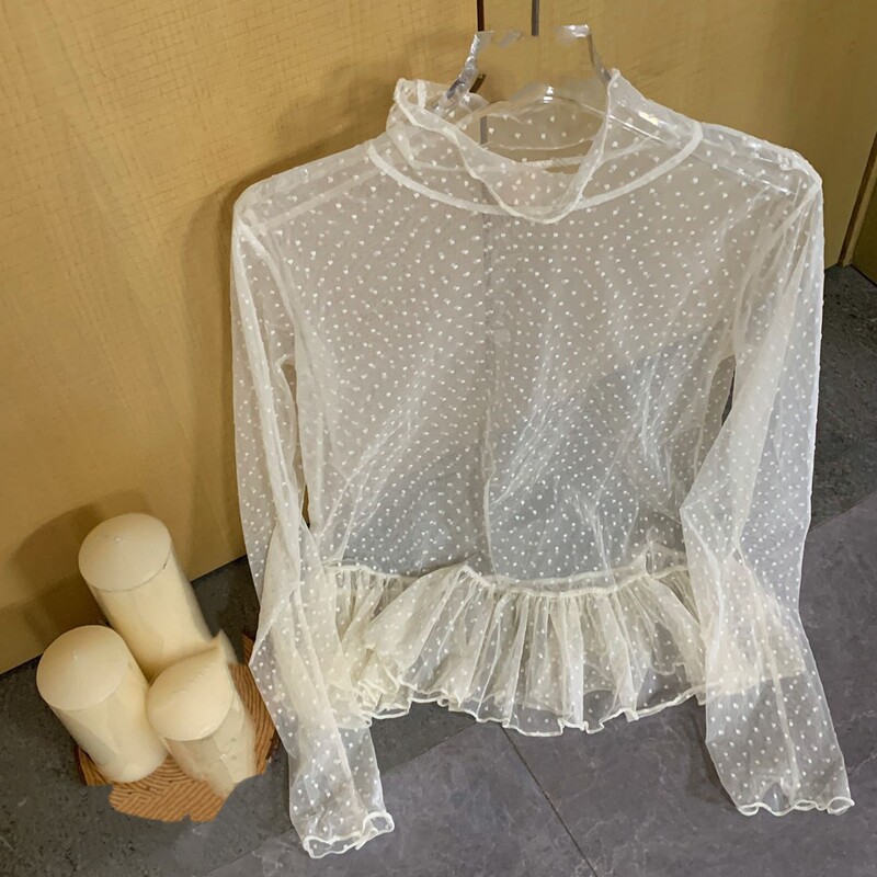 Korean Style High-Neck Polka Dot Long-Sleeved Lace Shirt for Women in Autumn 2025 Niche Ruffled Layered See-Through Top