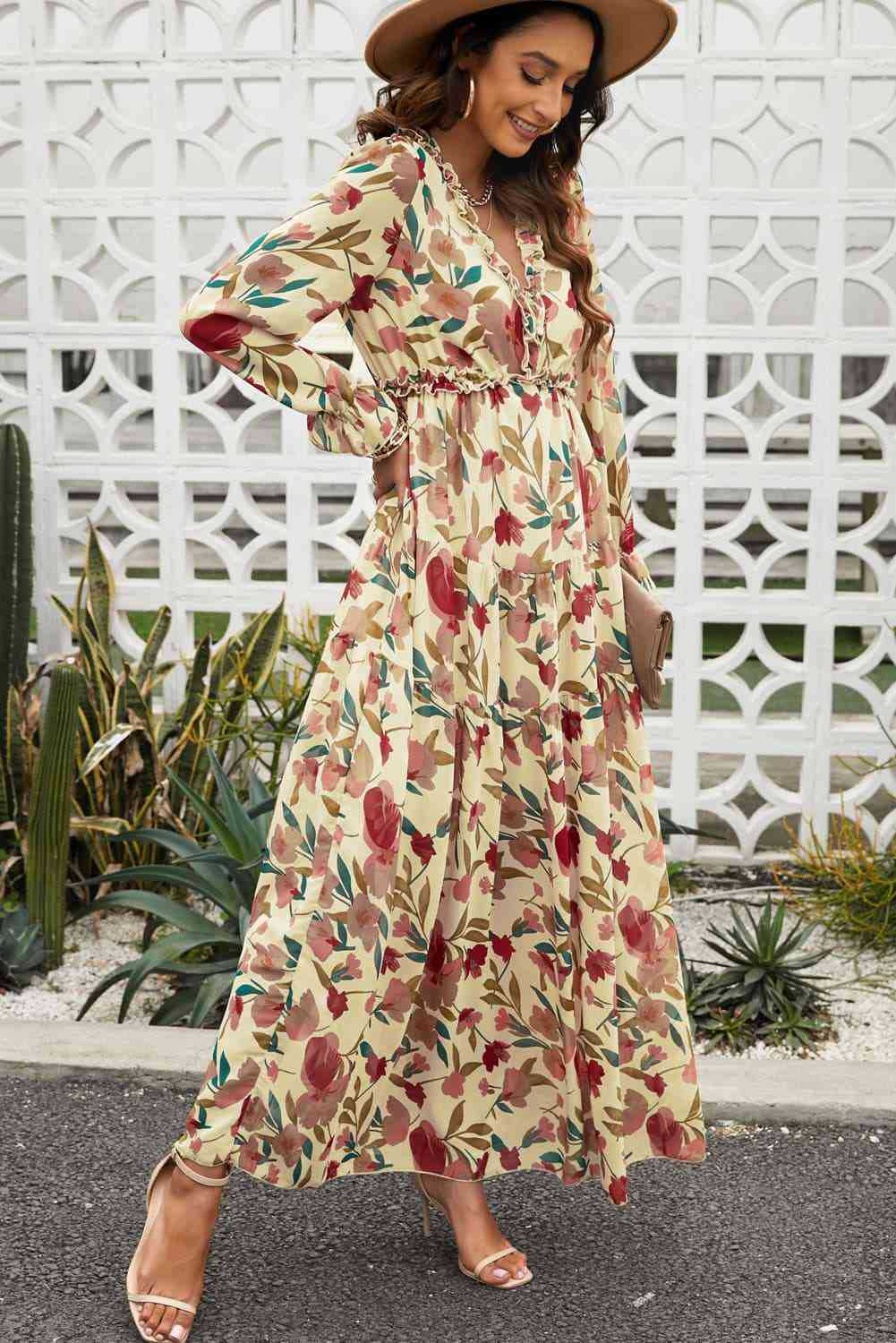 Robe de soirée bohème à manches longues, col en V, en mousseline florale, style européen et américain, collection été 2025 pour femmes_voghion.com