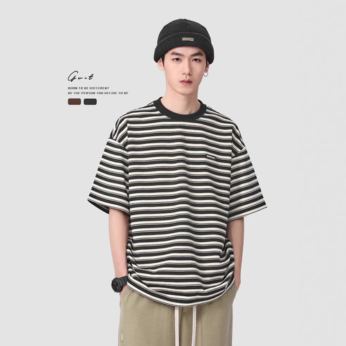 Striped Colorblock Short-Sleeve T-Shirt for Men - Summer Trendy Brand, Loose Retro Round Neck Half-Sleeve Couple's Top