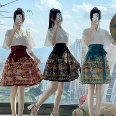 [Huamanlou] 新しい中国風トップス、国民風デイリースカート、ショートマーマンスカート、夏用薄手スタイル