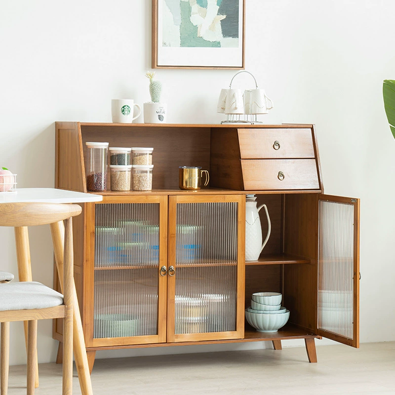 Storage cabinet, Nordic multifunctional, tea wood finish, ribbed glass doors, 10‑year warranty
