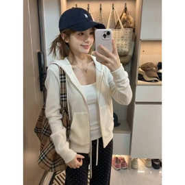 秋新款女士连帽v领拉链开衫外套+吊带+松紧腰波点休闲裤3件套秋装