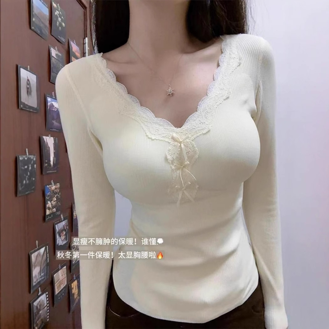 2025 New Autumn and Winter Korean Lace V Neck German Velvet Warm Bottoming Shirt for Women with Slim Brushed Top for Women