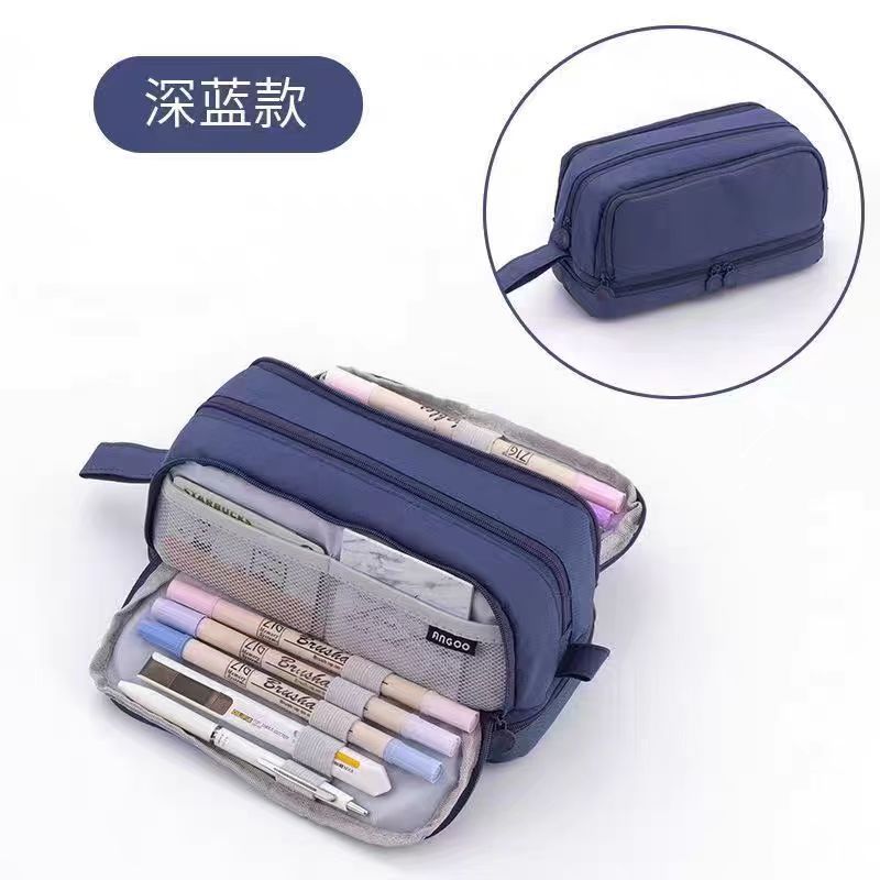 国境を越えた新型二重二重窓筆袋純色シンプル文房具箱小中学生多機能筆箱収納袋|undefined
