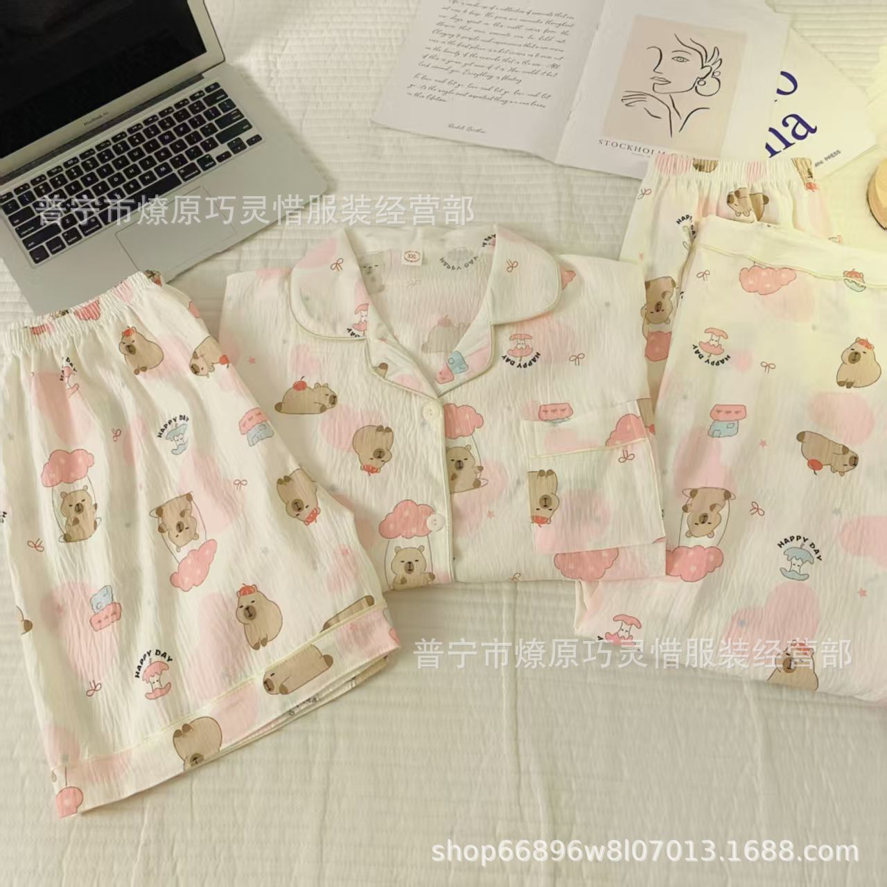 Hermosos pijamas de tela de rabu mujeres primavera y otoño verano nubes de algodón dulce mangas cortas pantalones cortos de tres piezas ropa para el hogar