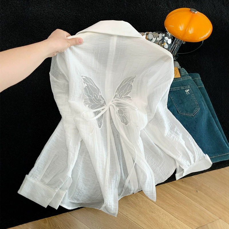 Butterfly Tie Strap Slit Sun Protection White Shirt for Women 2026 Summer Thin Style Outerwear Design Long-Sleeve Shirt A12091