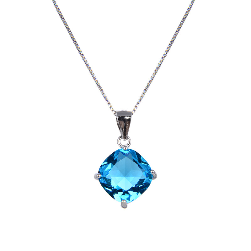 925 plata esterlina collar de cristal azul de moda femenina temperamento cuadrado simple colgante de diamante de cadena de clavícula de alto nivel nicho