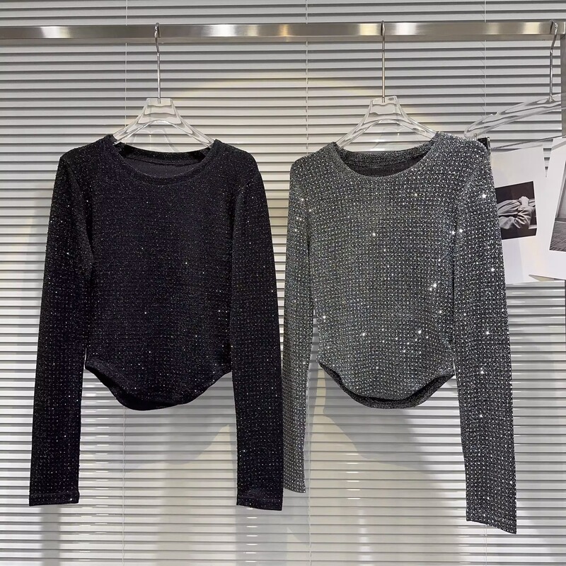 chubby girl 1.00 kg-150.00 kg extra large size spring and autumn hot girl covered in rhinestone bright silk design curved edge T-shirt women's trendy chubby girl 1.00 kg-150.00 kg extra large size spring and autumn hot girl covered in rhinestone bright silk design curved edge T-shirt women's trendy