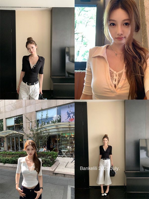 板栗可可Bankelili'纯欲加持'海妖风蕾丝假两件掐腰polo领中袖女|undefined