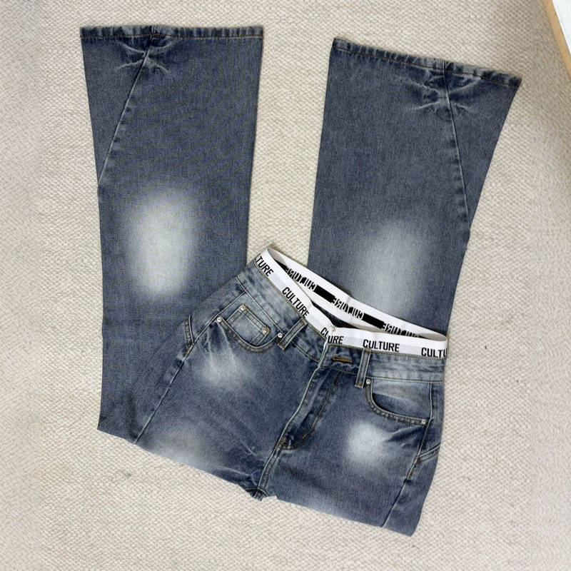 Real shot of light blue patchwork vintage washed denim pants for women, spring and autumn, CK style, low-waist, non-tight, slightly flared pants Real shot of light blue patchwork vintage washed denim pants for women, spring and autumn, CK style, low-waist, non-tight, slightly flared pants