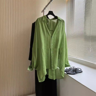 Clothes record summer atmosphere_green_pleated shoulder line_light linen long shirt a generation of hair