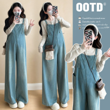 实拍2025秋季孕妇装简约休闲两件套新款长袖打底衫孕妇牛仔背带裤