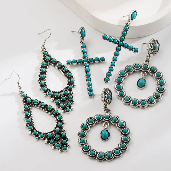 New Retro Cross Hollow Oval Earrings Alloy Set Turquoise Earrings Western Ethnic Style Distinctive Earrings
