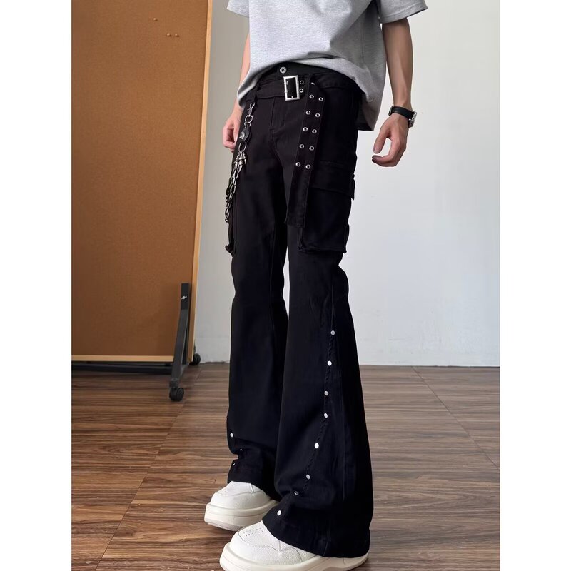 Niche Metal Belt Design, Slightly Flared Trousers for Men, Drapey, High-End Casual Jeans for Men