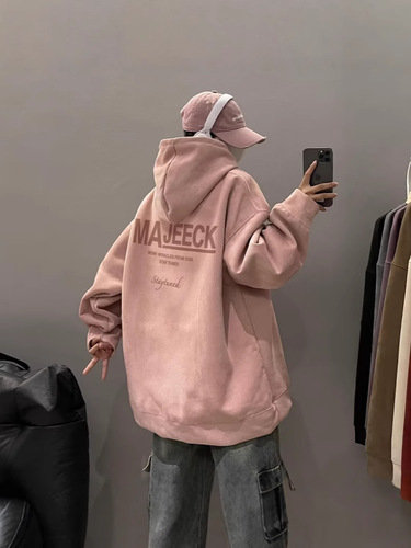 Pink Faux Suede Hooded Sweatshirt for Men, Spring and Autumn Fashion Brand, Instagram Heavyweight, Cool and Casual Couple's Loose and Large Size Outerwear