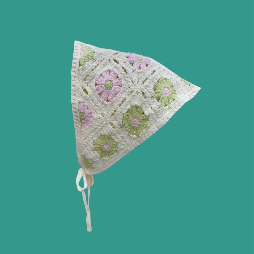 春秋韓版時尚針織鈎花鏤空三角巾女甜美可愛少女風花朵頭巾髮帶潮