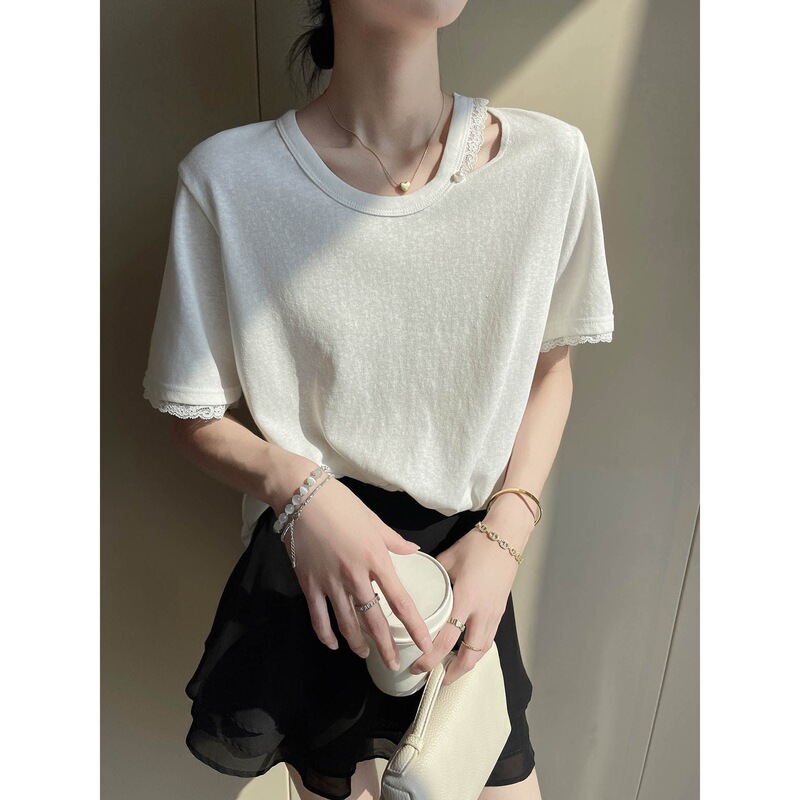 Pinkeen White Round Neck Cut Out Short-Sleeved T-Shirt for Women Summer 2026 New Lace Design Niche Elegant Top Pinkeen White Round Neck Cut Out Short-Sleeved T-Shirt for Women Summer 2026 New Lace Design Niche Elegant Top