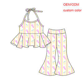 精品外贸婴幼儿童装批发新款粉色龙虾女孩春夏季喇叭裤套装