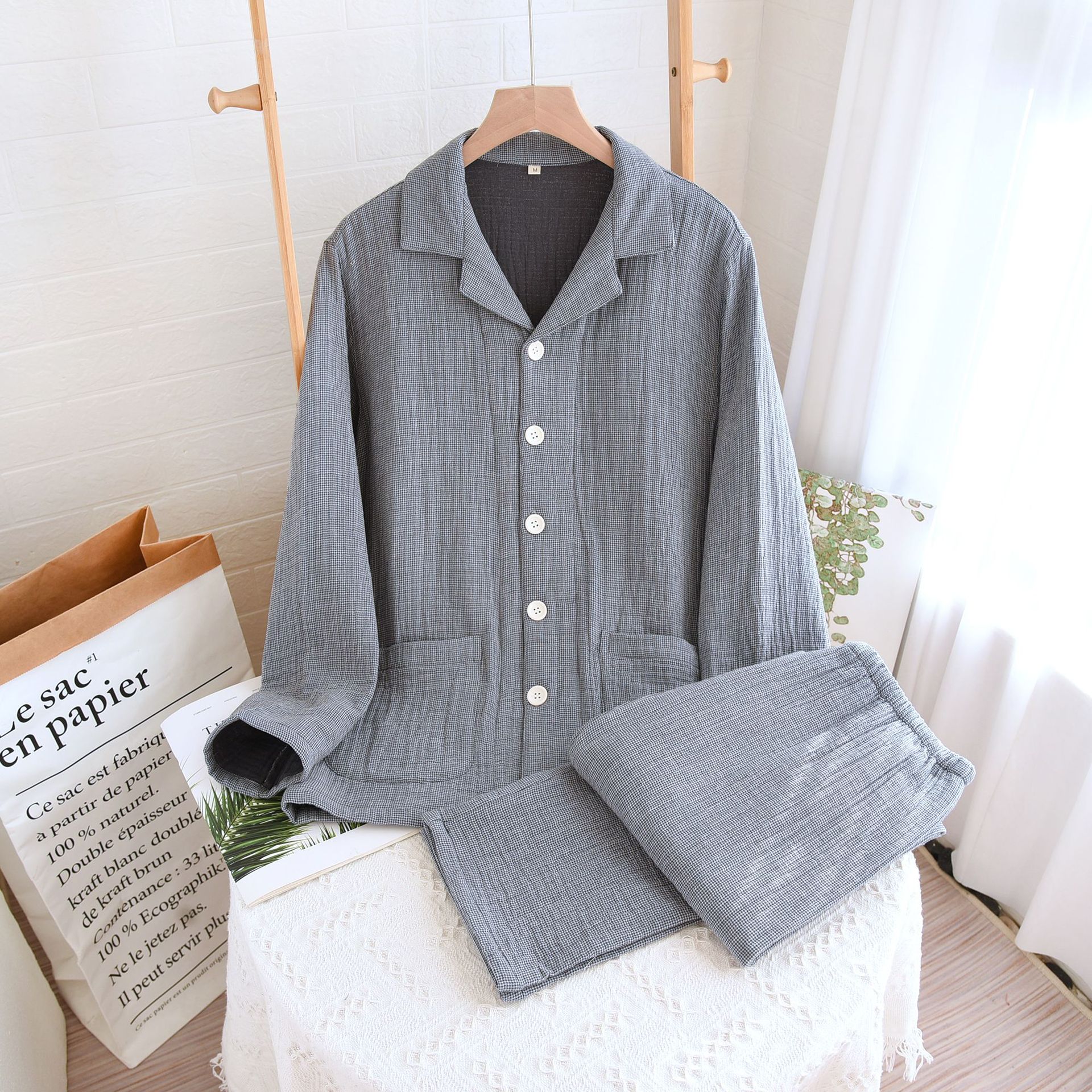 Yarn-dyed washed four-layer gauze cover-men's gray