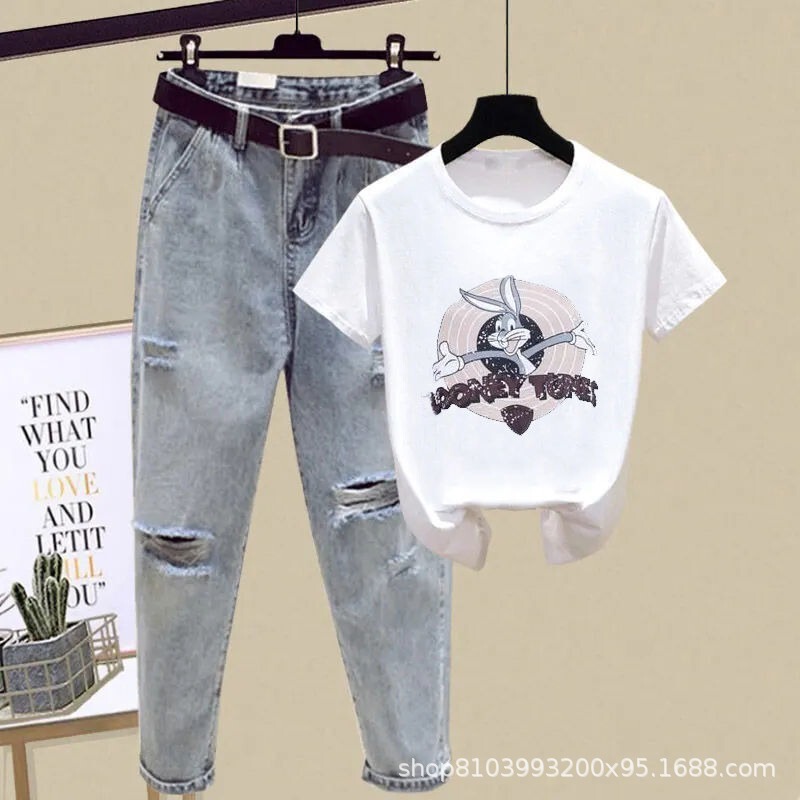 Does Not Include a Belt # Jeans Set # # 100% Cotton Short-Sleeved T-Shirt Ripped Nine-Point Jeans Student Two-Piece Set