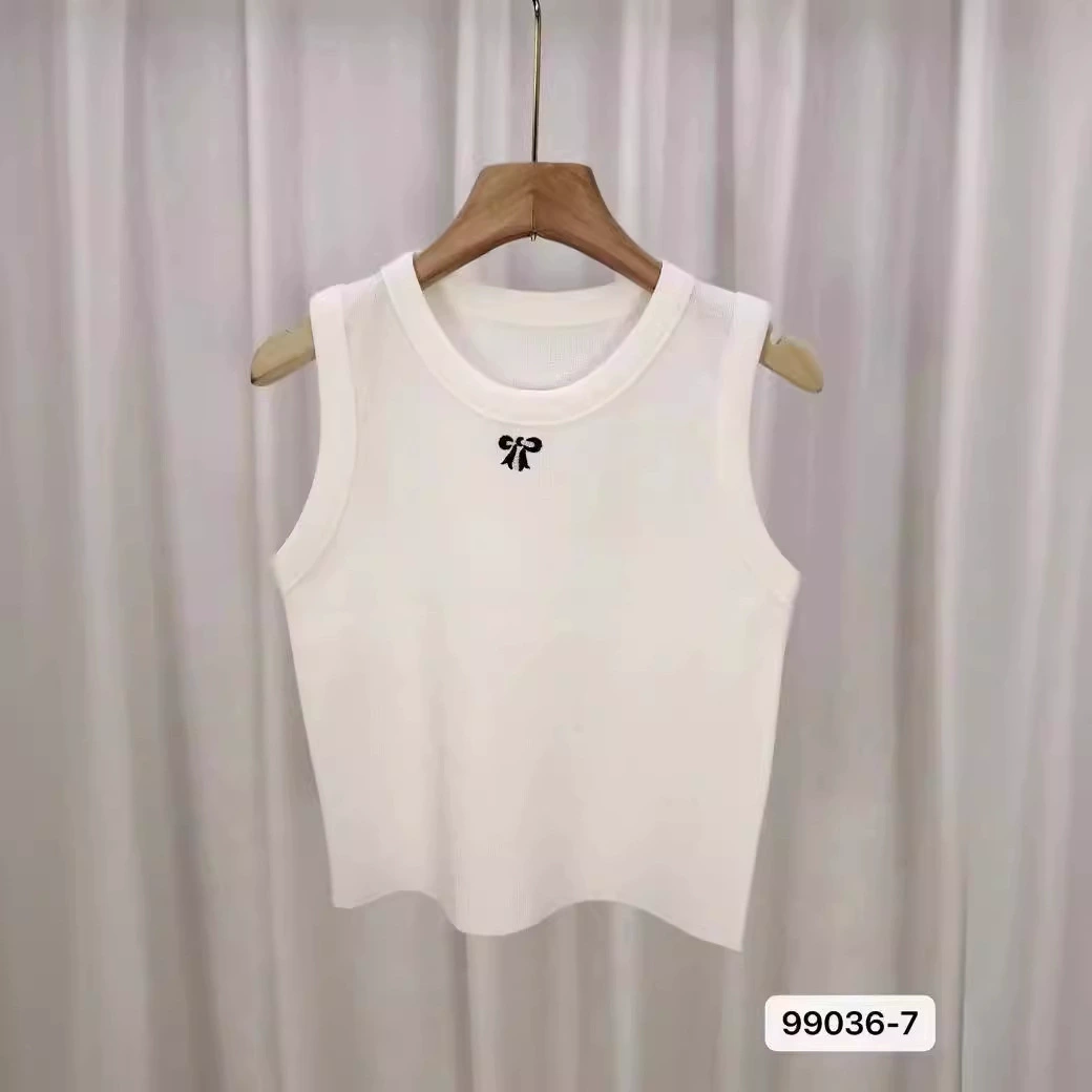 Short sleeveless summer vest, bow embroidery, fashionable cropped design, one size