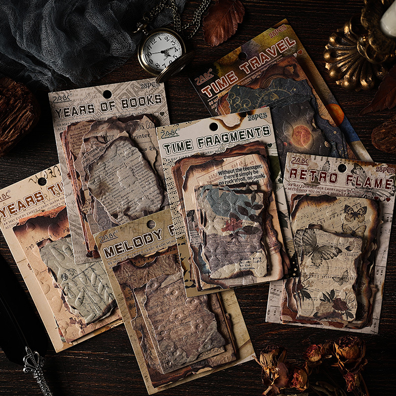 ZABC Cross-border Toppan Relief Craft Retro Brasas Serie Material Papel Retro Sombra de fuegos artificiales 6 modelos 28 hojas