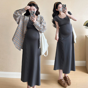 Maternity 2025 Summer New Sunscreen Laid-back Style Hooded Top Short-sleeved Long Slim-fit dress Two-piece Set