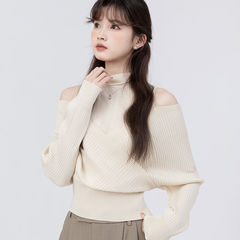 法式拼接露肩针织衫女秋季气质设计感小众半高领外穿打底甜美上衣