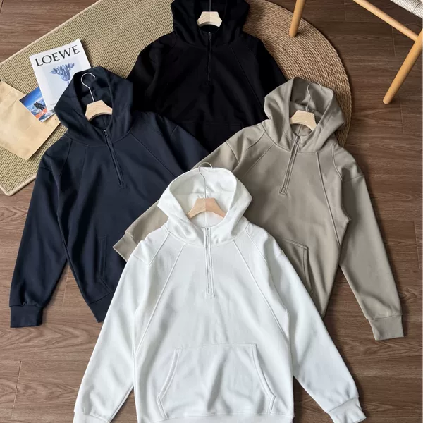 lulu affordable men's autumn and winter hooded sweatshirt, solid color, loose fit, half-zip, casual sports top, XXP1909