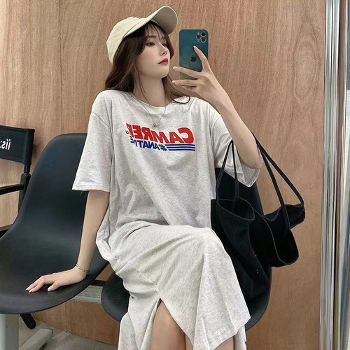 2025 Summer New Korean Slit Letter Print Knee-Length Loose Plus Size Short-Sleeve T-Shirt Dress for Women