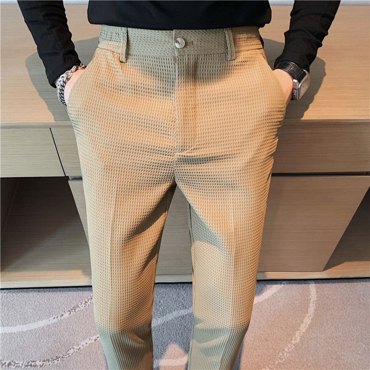 Pantalon décontracté droit gaufré à la mode et simple de marque tendance paresseuse, pantalon slim à petite jambe, pantalon d'affaires suspendu_voghion.com