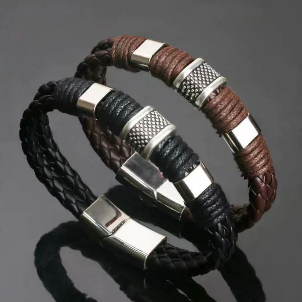 New Hot Cross-border Explosions European and American Men's Magnet Buckle Bracelet PU Alloy Woven Leather Strap Bracelet Jewelry